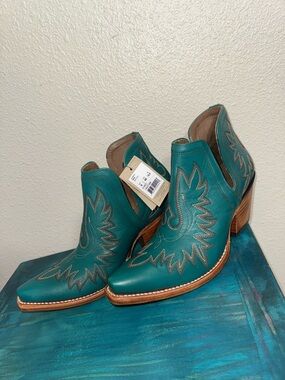 Teal Western Ankle Boots with Embroidered Detail